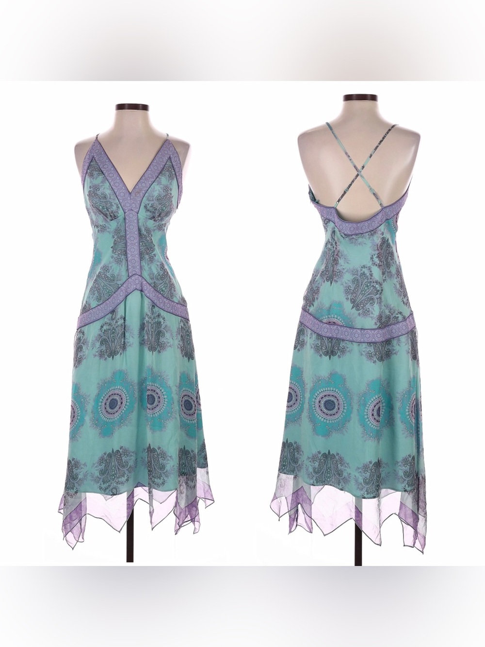 Vintage Y2K Silk Handkerchief Hem Asymmetrical Dress Paisley Fairy Drop Waist 90